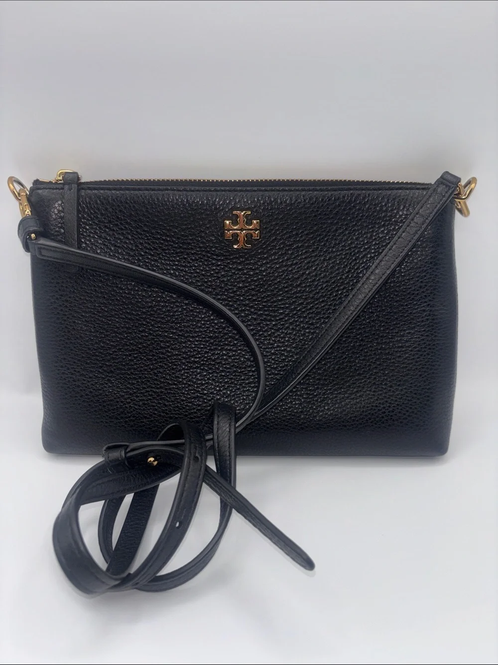 Tory Burch Black Pebbled Leather Crossbody with Gold Logo